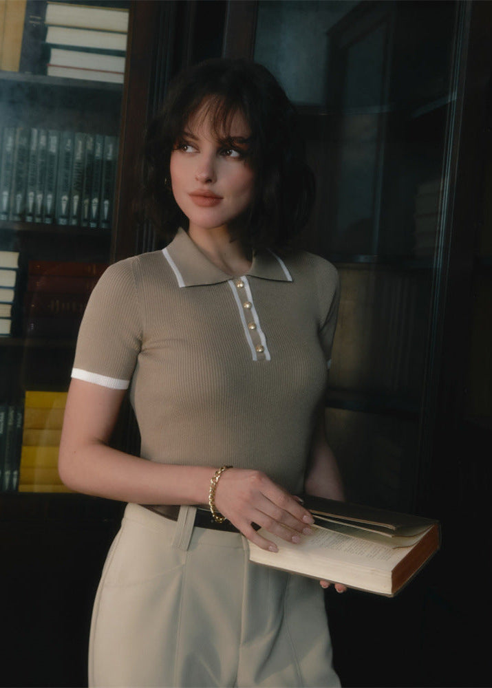 Ribbed Knit Polo Top with Contrast Trim