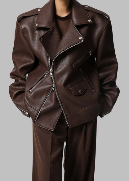 Oversized Faux Leather Moto Jacket With Zipper Details