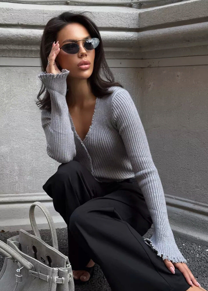 Ribbed Knit Cardigan With Frayed Edges