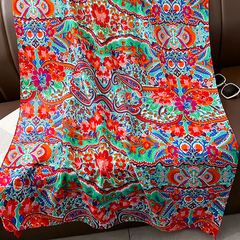 Ethnic Style Spring And Autumn New Blue Cotton Hemp Feel Thin Scarf With Flower Splice Fragmented Flower Retro Versatile Shawl