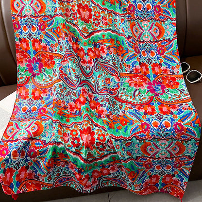 Ethnic Style Spring And Autumn New Blue Cotton Hemp Feel Thin Scarf With Flower Splice Fragmented Flower Retro Versatile Shawl