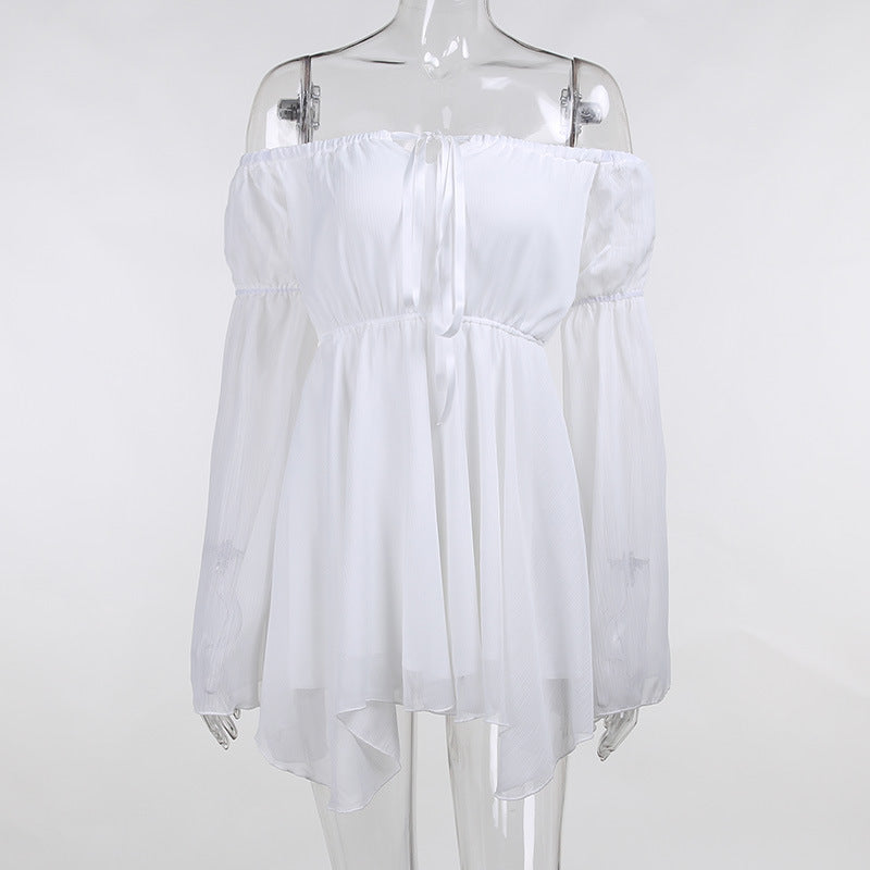 Off-Shoulder Chiffon Dress with Waist Tie in Pink and White