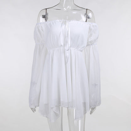 Off-Shoulder Chiffon Dress with Waist Tie in Pink and White