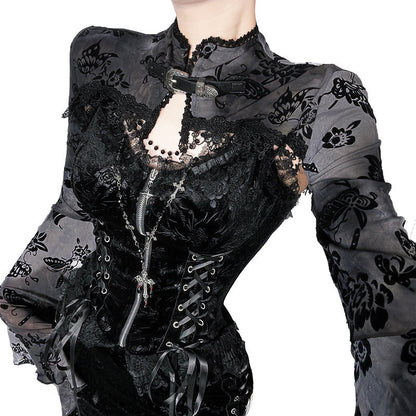 Black Velvet Patterned Cape Cardigan Lightweight Stylish Top