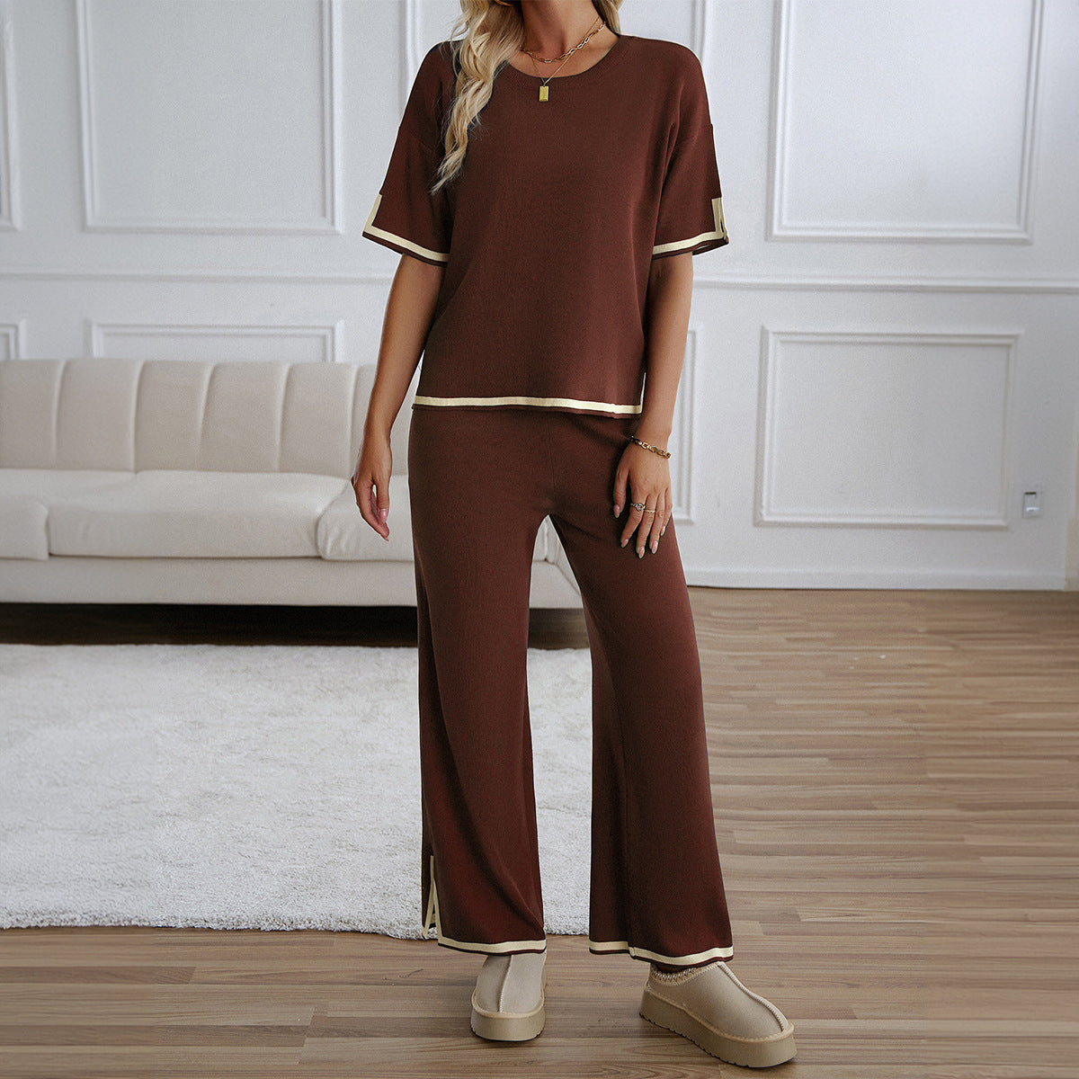 Casual Elegant Short Sleeve Knit Set with Pants