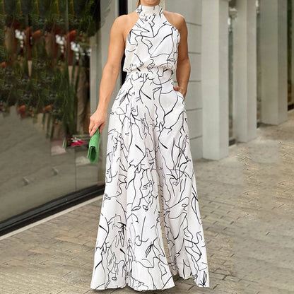 Trendy Floral Print Jumpsuit Stylish Casual High-Waisted Wide-Leg Pants