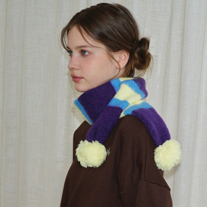Striped Knit Scarf with Pom Poms for Women