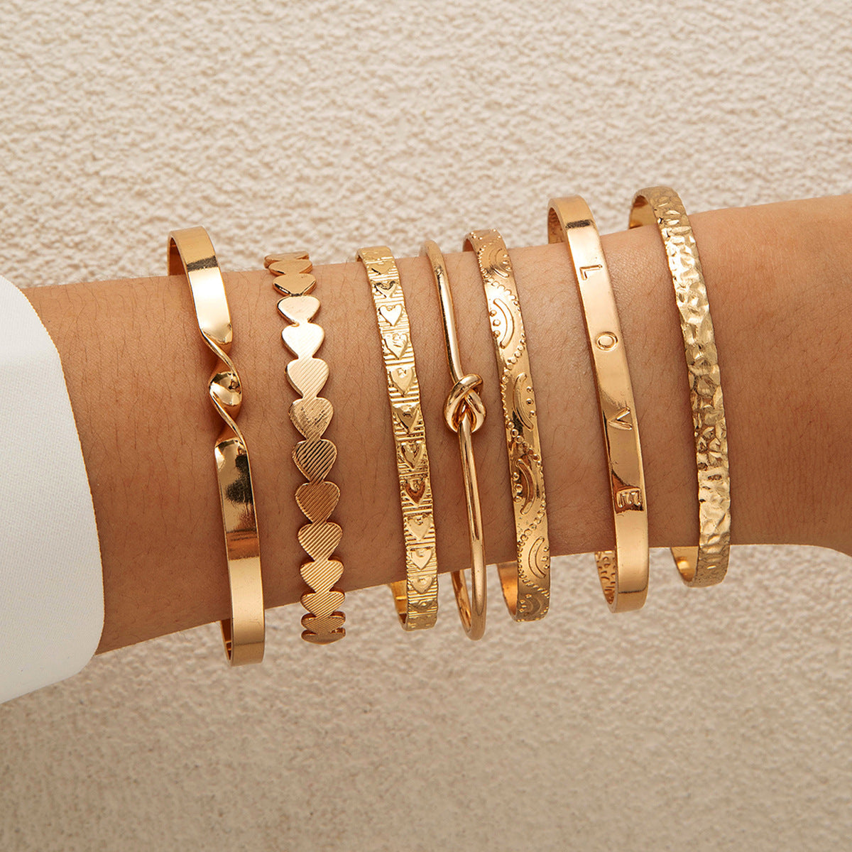 Vintage Geometric Open-Cuff Gold Bracelet Set