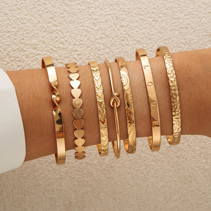Vintage Geometric Open-Cuff Gold Bracelet Set