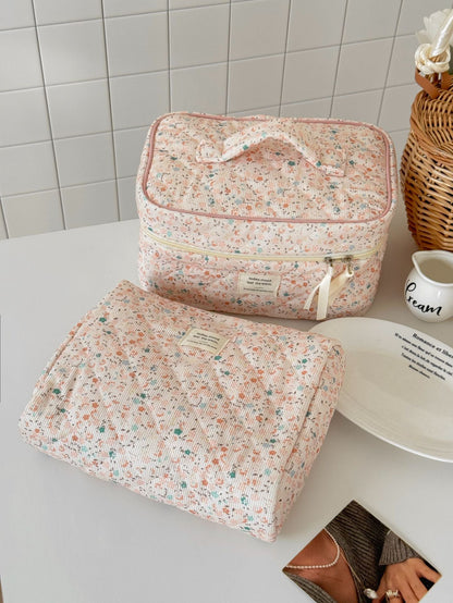 Chic Floral Corduroy Makeup Bag Stylish Portable Storage