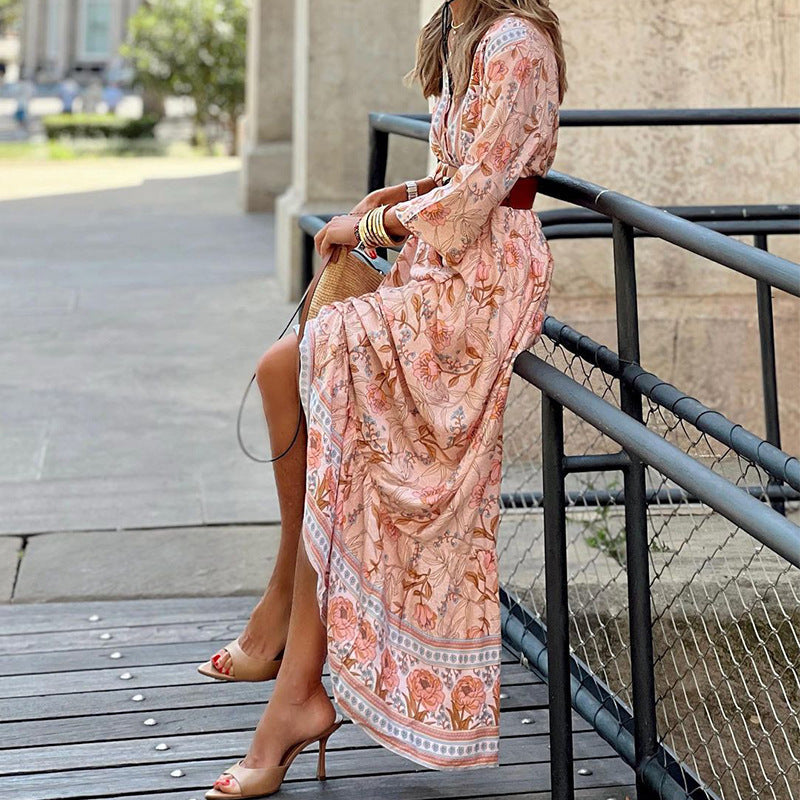 Autumn New Casual Style Bohemian Mid Length Printed Dress