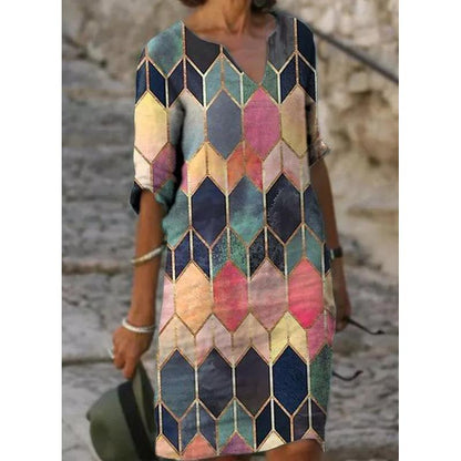 Women'S Explosions Casual Geometric V-Neck A-Shaped Multicolor Printed Dress Half Length Sleeves Plus Size
