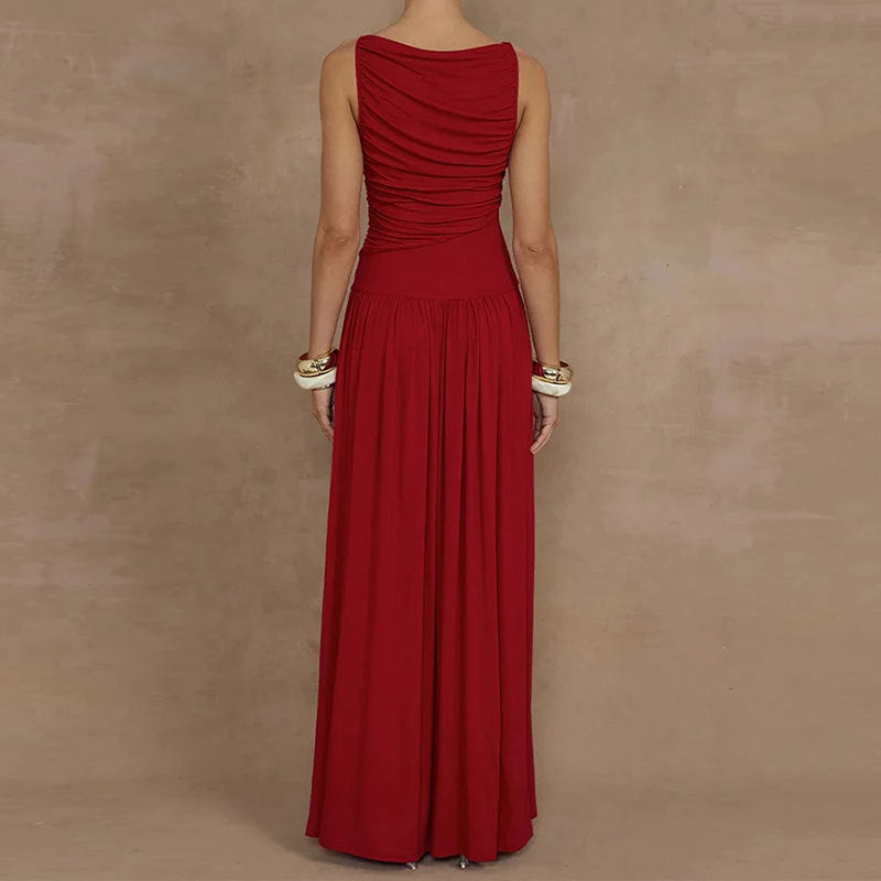 Elegant Solid Color Pleated Maxi Dress