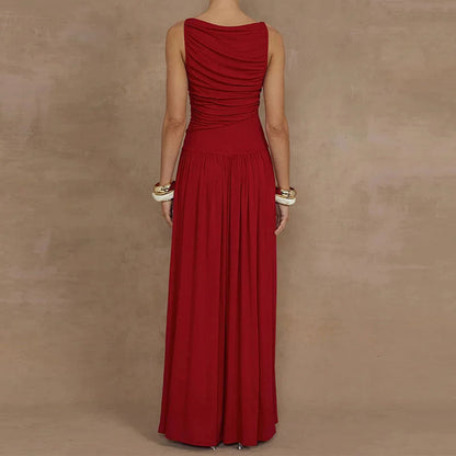 Elegant Solid Color Pleated Maxi Dress
