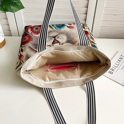 Embroidered Canvas Tote Bag with Floral Patterns