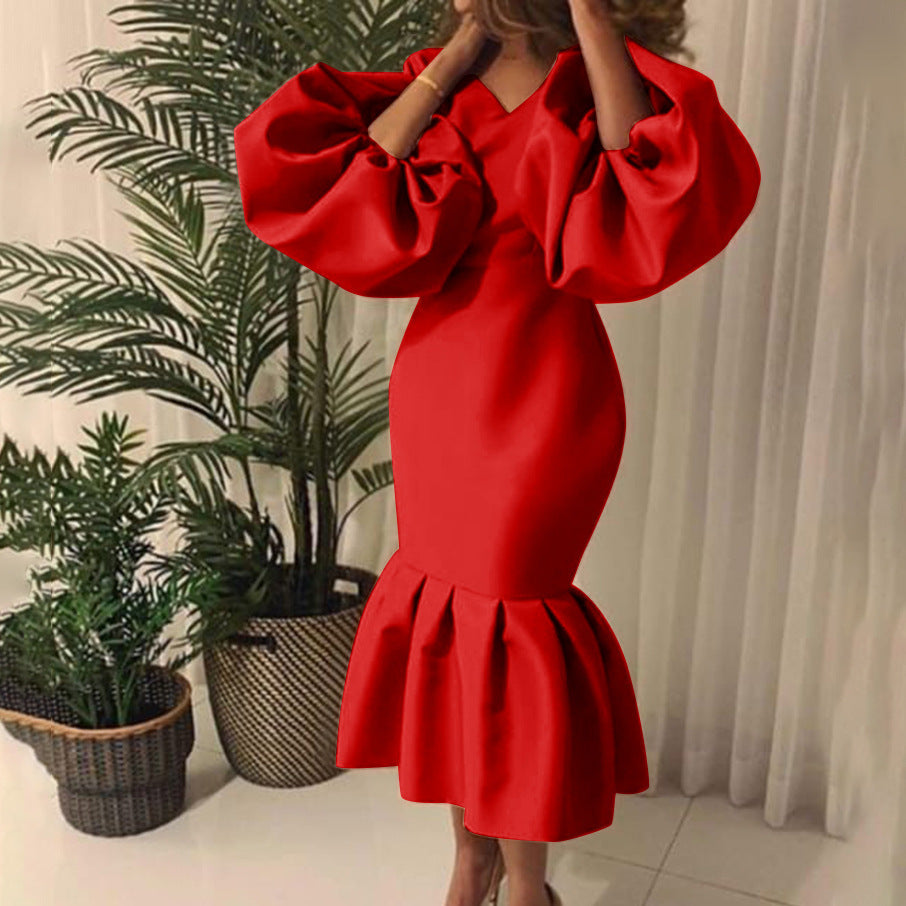 Plus Size Women'S Elegant V-Neck Puff Sleeve Mermaiding Dress