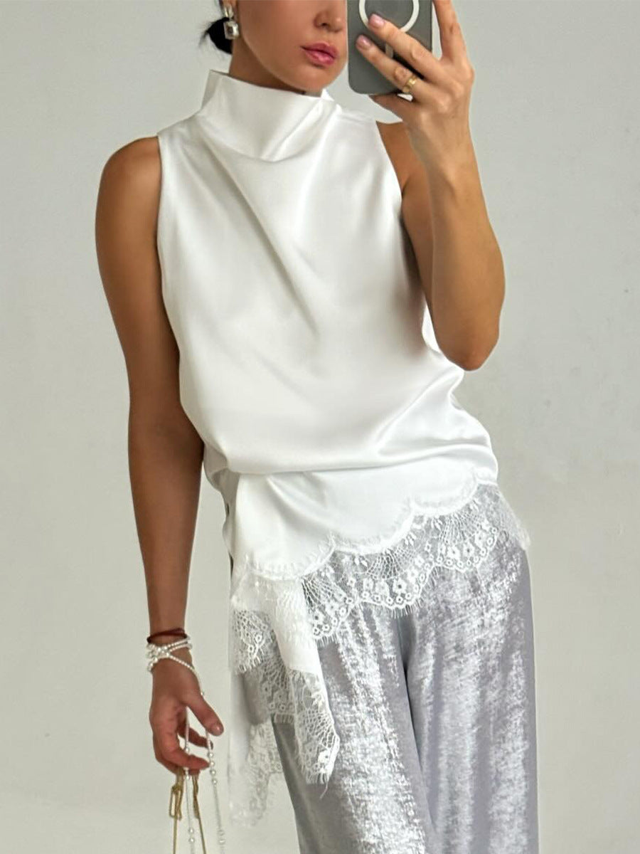 Lace Trim High Neck Sleeveless Top Elegant Satin Blouse