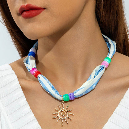 Chic Long Pendant Silk Scarf Necklace With Pearls