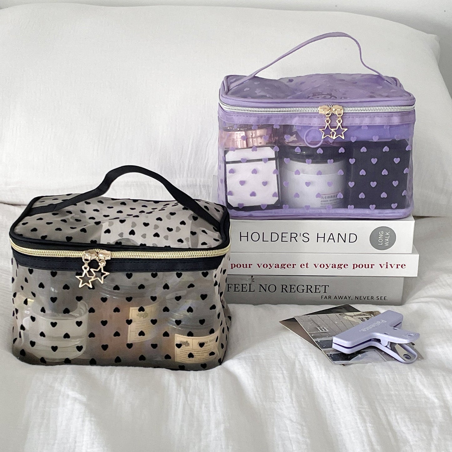 Flocked Heart Makeup Bag Convenient Large Capacity Breathable