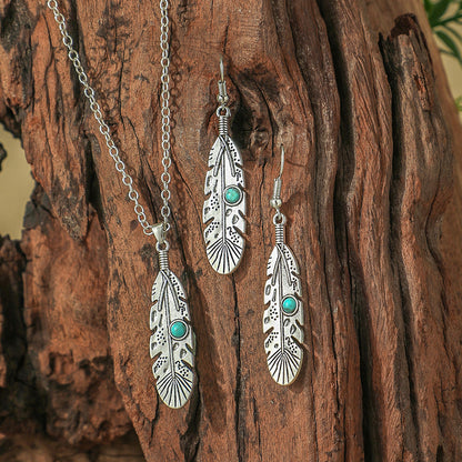 Bohemian Geometric Earrings and Necklace Set with Turquoise Accents