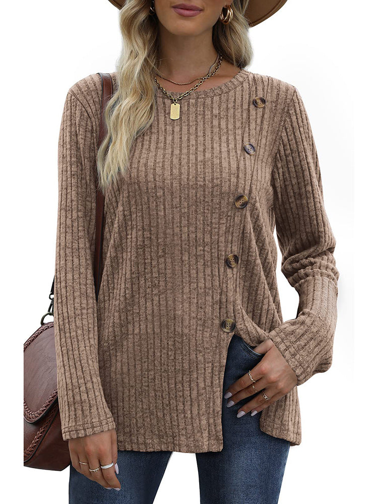 Button Up T-Shirt For Women'S New Fashion Autumn Casual Solid Color Long Sleeved T-Shirt For Women