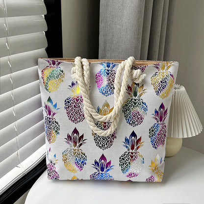 Large Capacity Linen Tote Bag with Dual-Sided Gold Foil Design