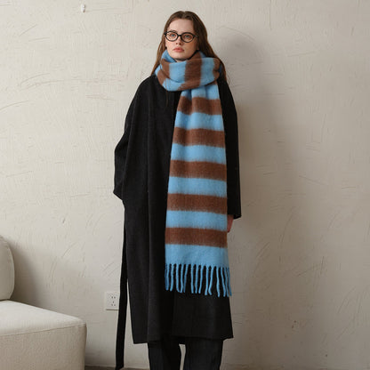 Striped Color Block Thicken Tassel Warm Scarve