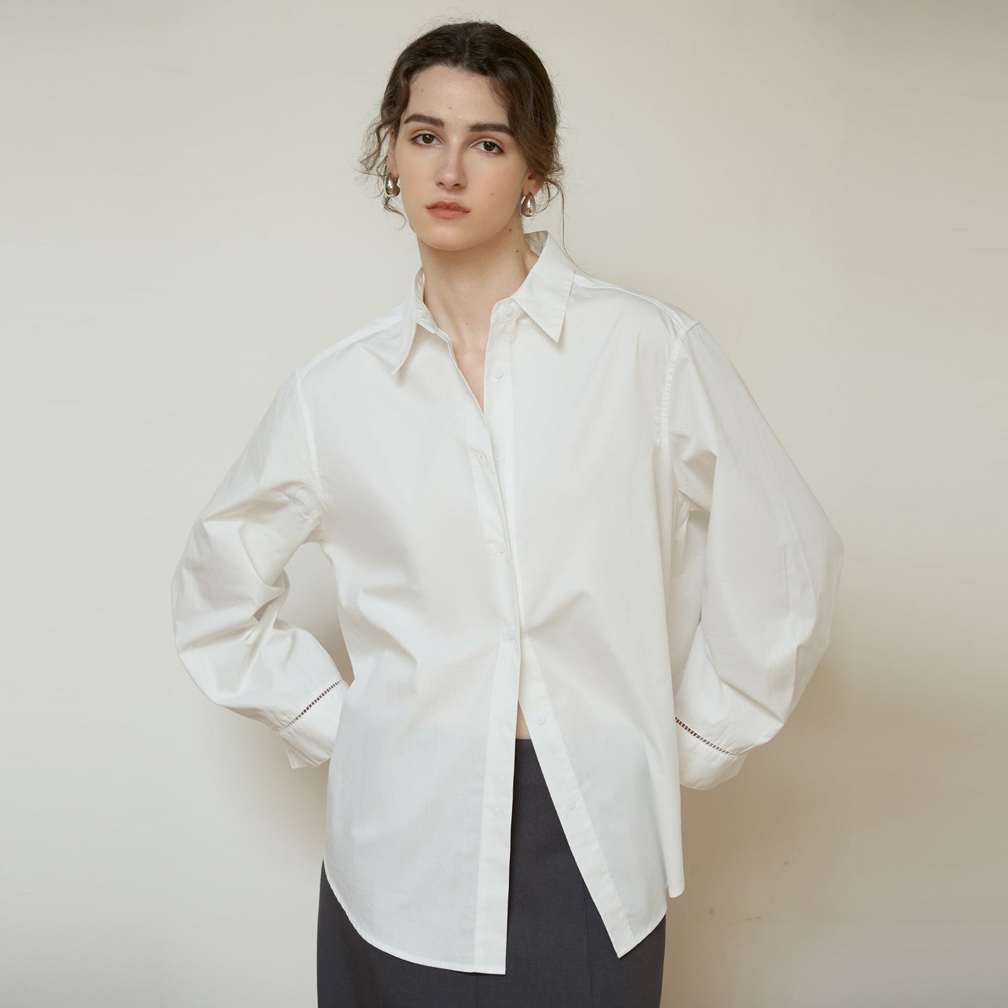 Cotton Long Sleeve Shirt with Lace Design for Effortless Style