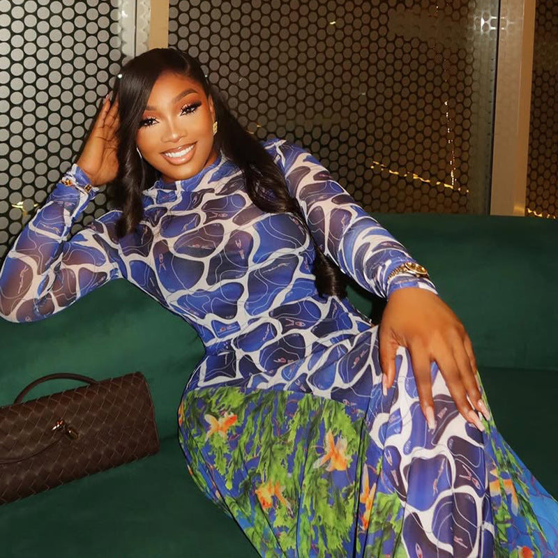Trendy Print Bodycon Midi Dress With Long Sleeves And High Neck