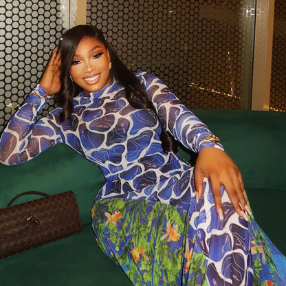 Trendy Print Bodycon Midi Dress With Long Sleeves And High Neck