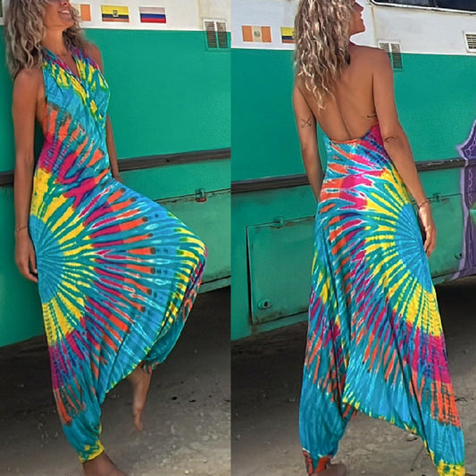 Summer Print Casual Hanging Neck V-Neck Open Back Style Large Swing Sexy Jumpsuit