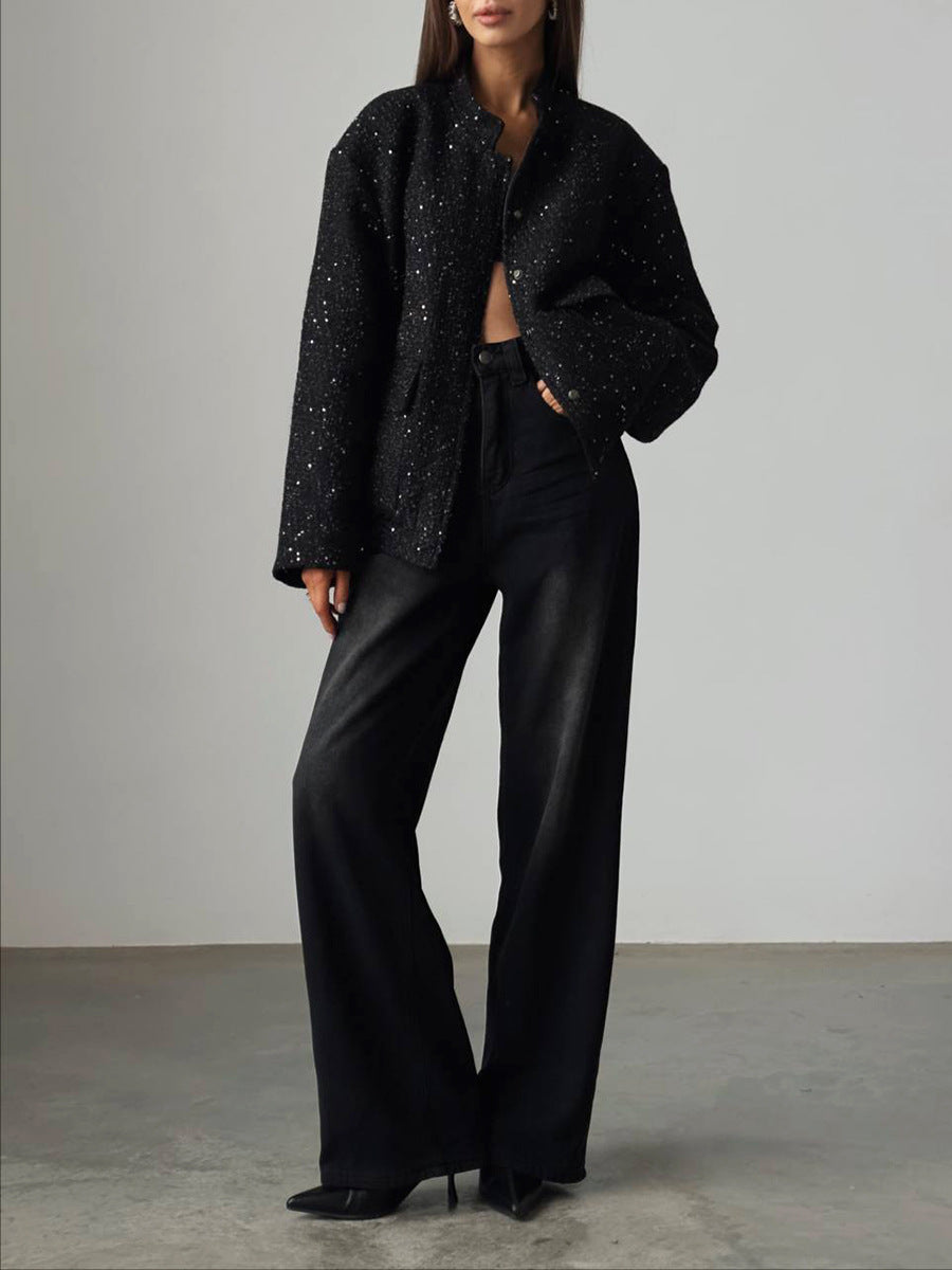 Sequin Detail Stand Collar Jacket Stylish Casual Outerwear