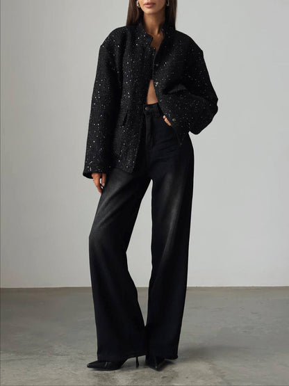 Sequin Detail Stand Collar Jacket Stylish Casual Outerwear