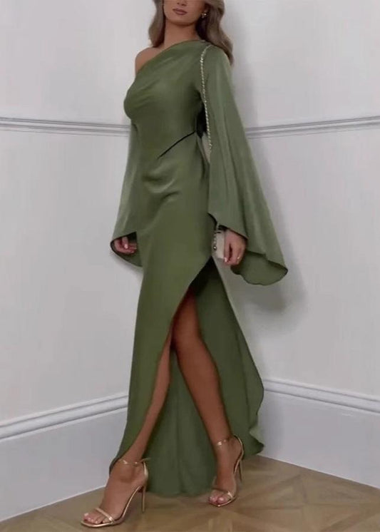 One Shoulder Satin Gown With Draped Sleeve