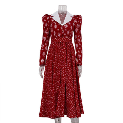 Color Block French Design A-Line Dress Elegant Floral Long Sleeve