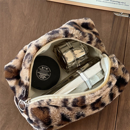 Fuzzy Plush Leopard Print Travel Cosmetic Bag