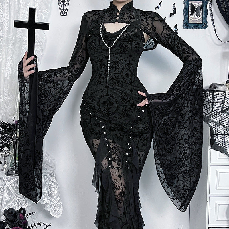 Gothic Floral Velvet Cardigan with Ruffled Sleeves