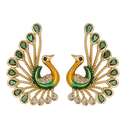 Elegant Peacock Drop Earrings With Crystal Accents