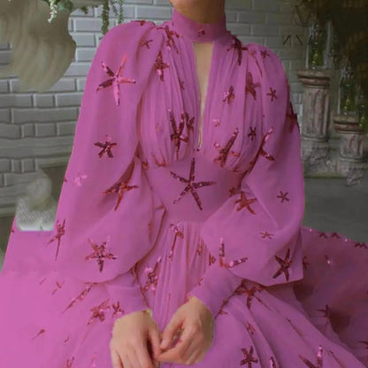 New Sequined Lantern Sleeve High-Low Chiffon Dress