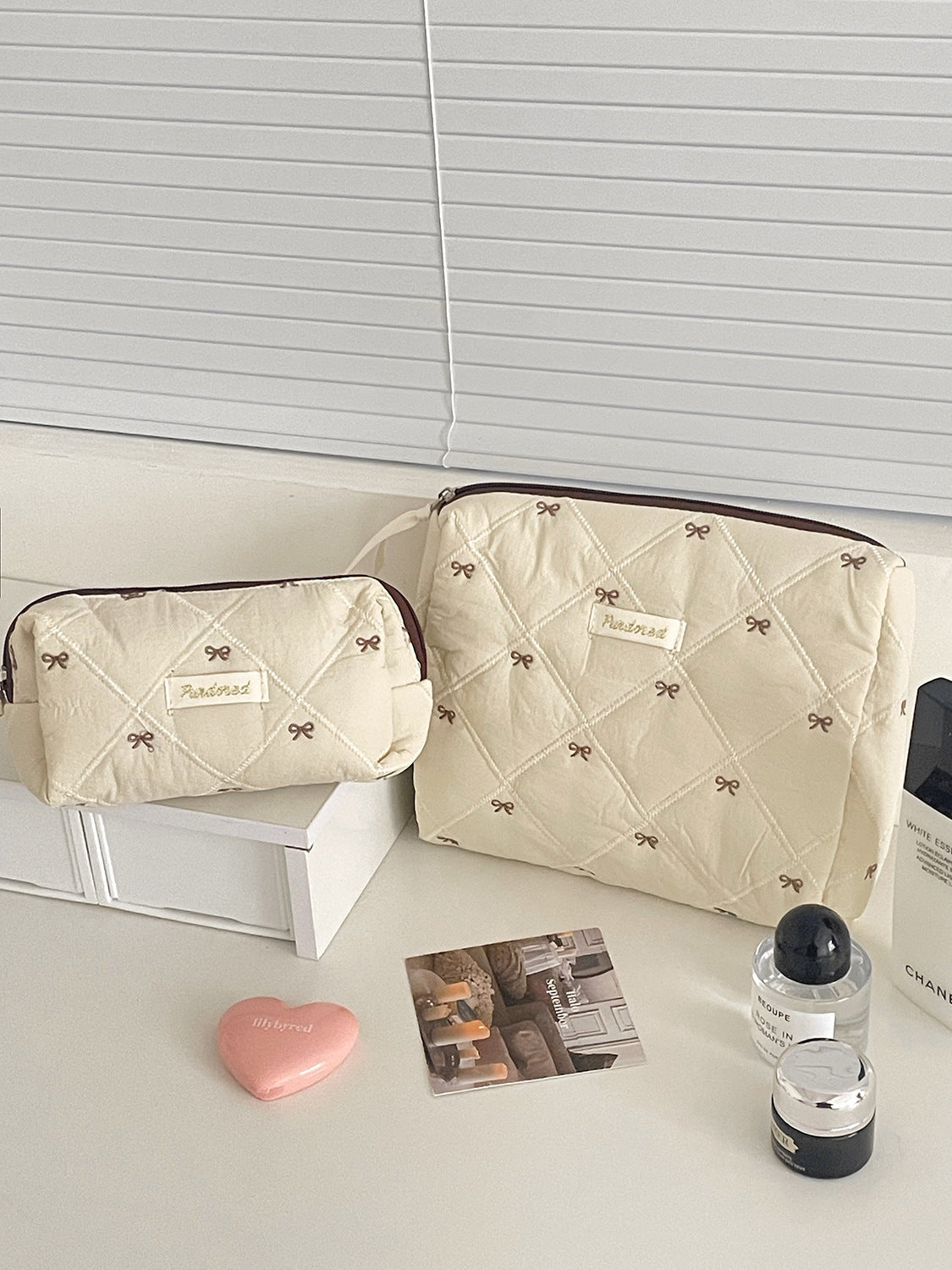 Coffee Bowknot Makeup Bag Portable Embroidered Travel Organizer