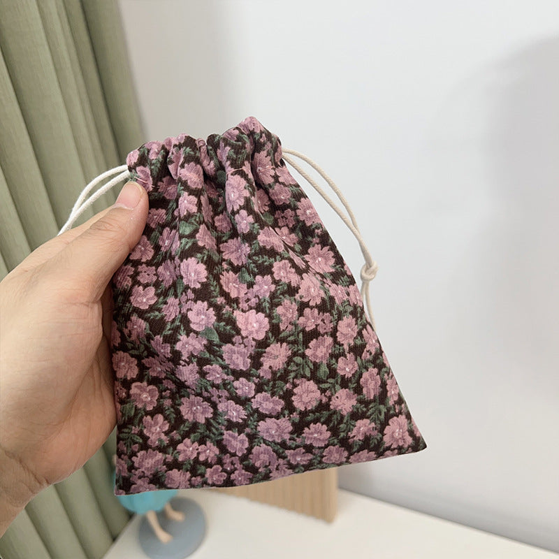 Mini Drawstring Corduroy Canvas Bag Portable Floral Storage Pouch