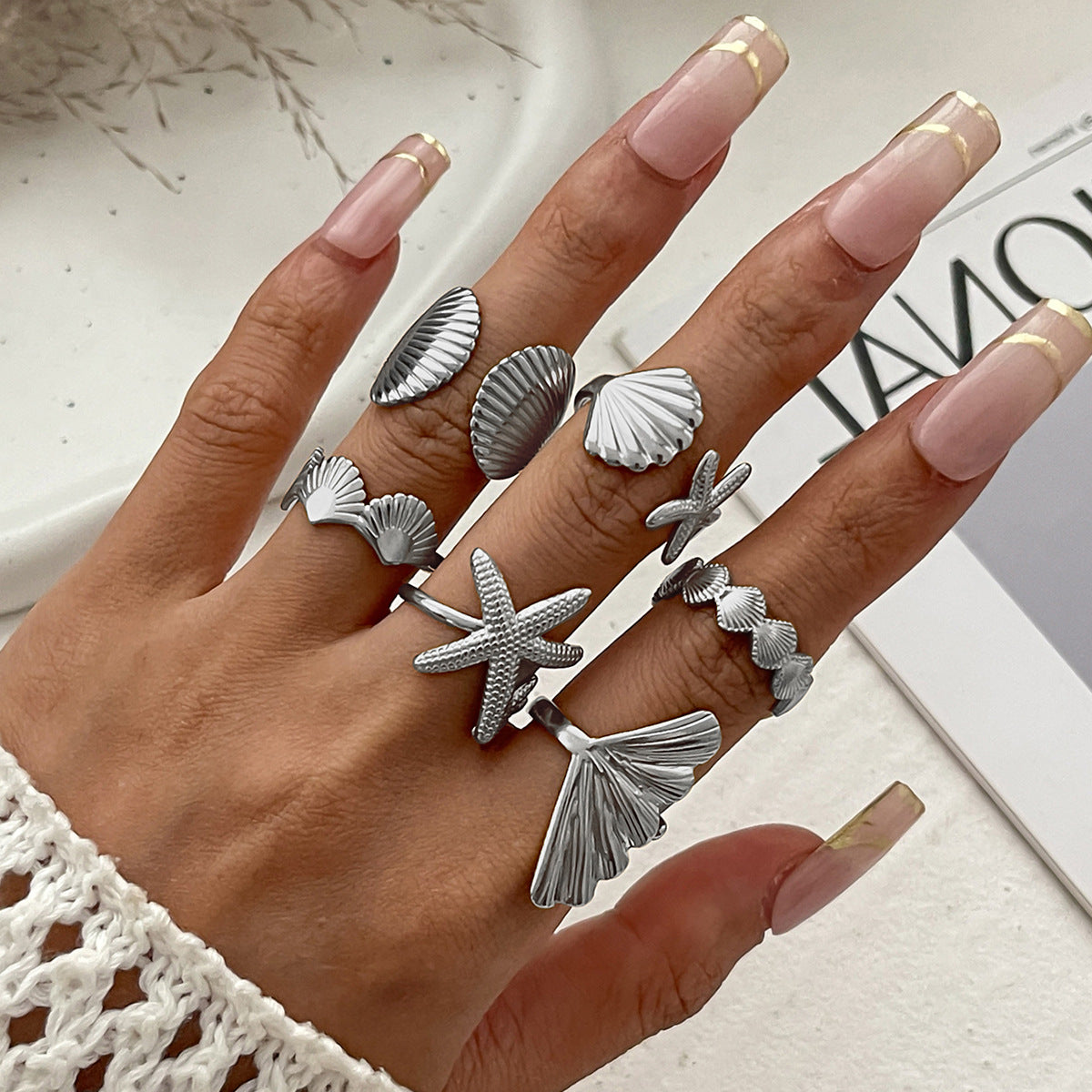 Starfish Shell Metal Ring Set Trendy Fashion Jewelry