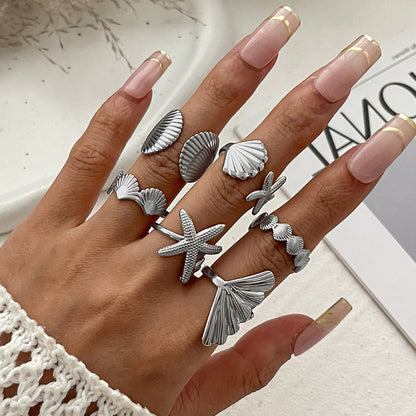 Starfish Shell Metal Ring Set Trendy Fashion Jewelry