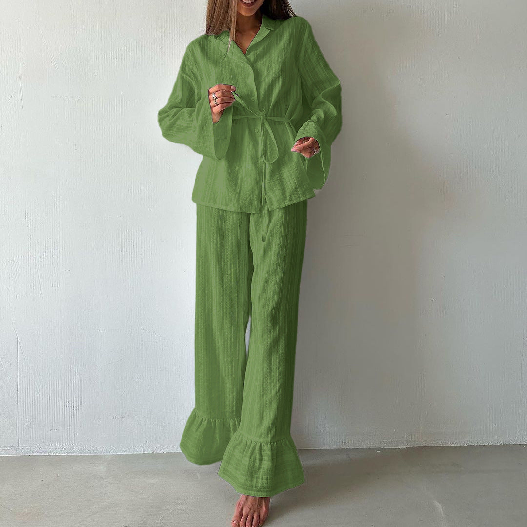 Casual Ruffled Shirt And Pant Set Cotton Long Sleeve