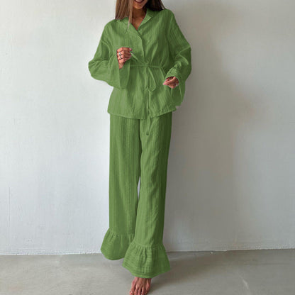 Casual Ruffled Shirt And Pant Set Cotton Long Sleeve