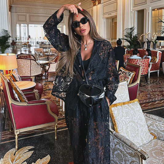 Sheer Lace Two-Piece Set Women's Fashionable Long-Sleeve Shirt and Pants