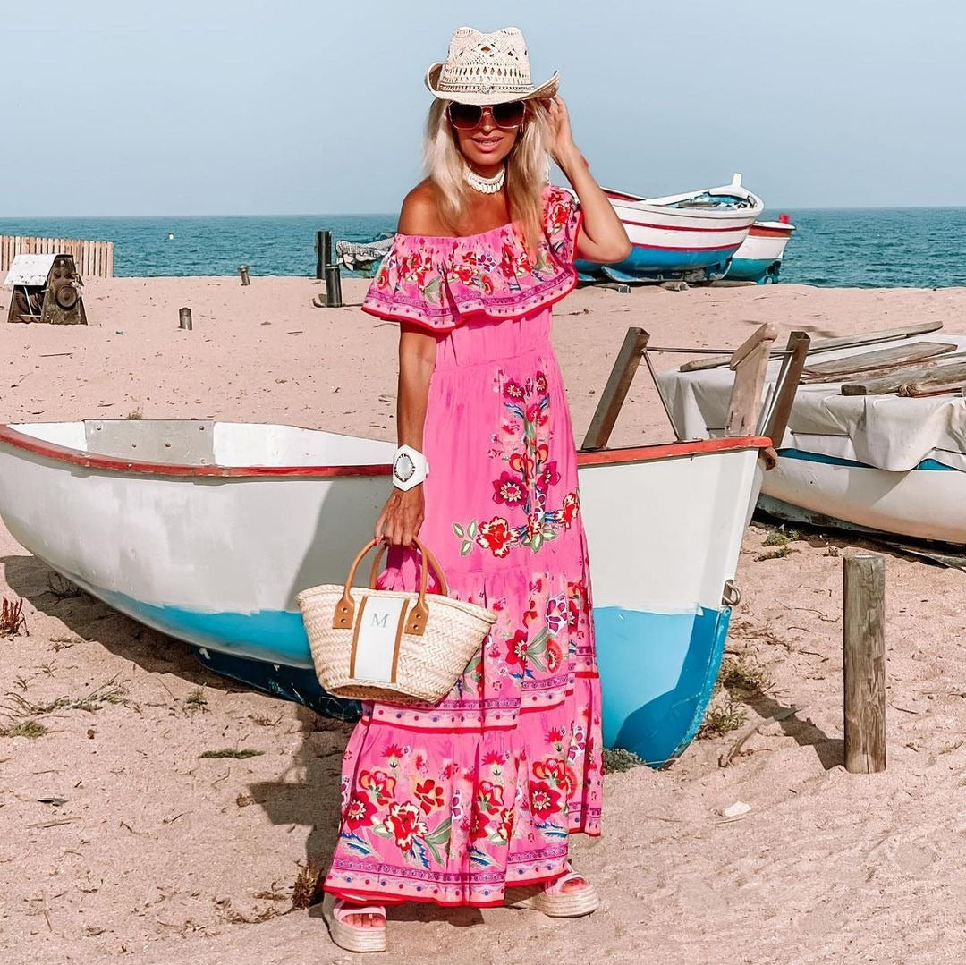 Spring And Summer New One-Shoulder Print Long Swing Dress