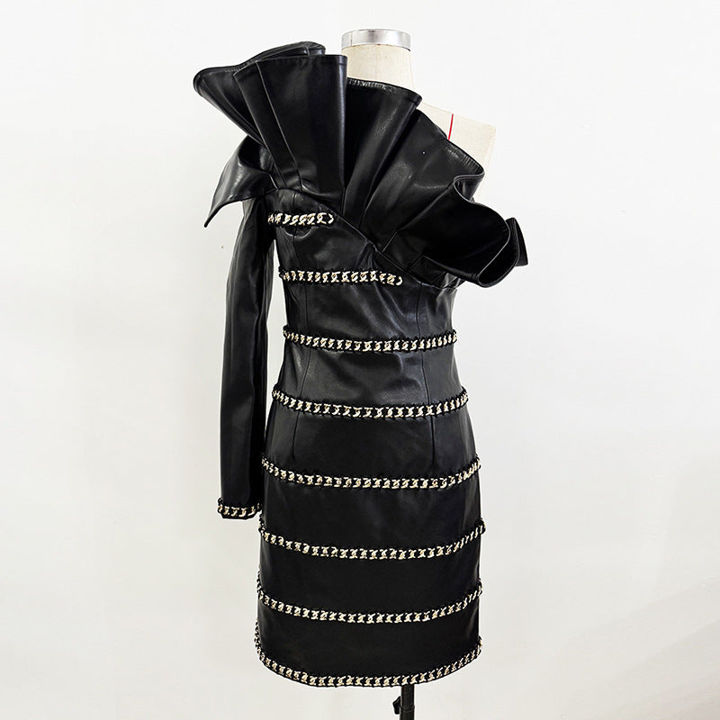 Stylish Asymmetrical Ruffled One-Shoulder Pu Dress