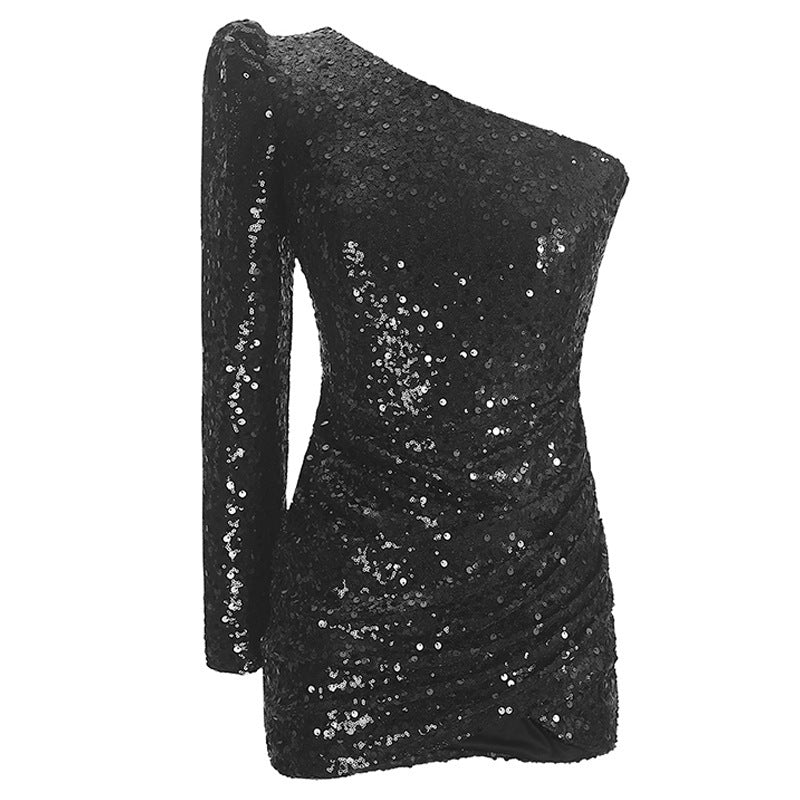 One-Shoulder Sequined Bodycon Dress Trendy Street Style