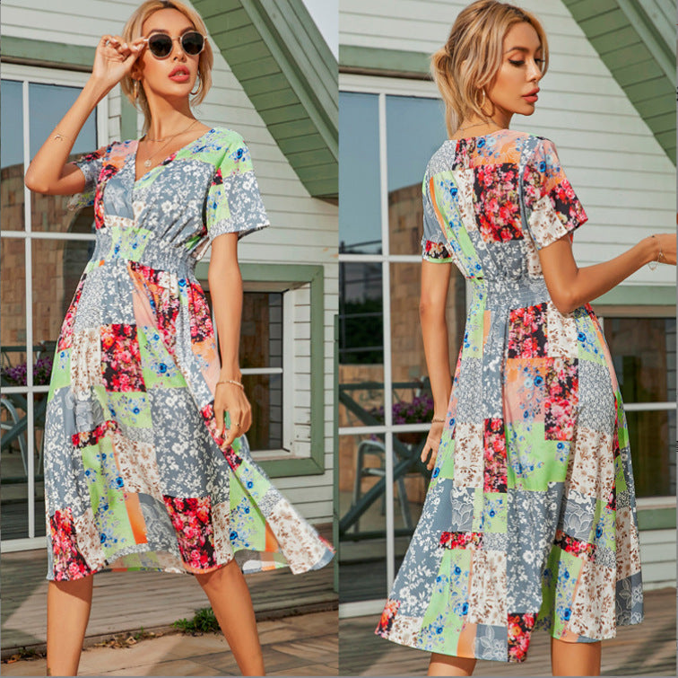 Commuter Elastic Waist V-Neck Green Small Fresh Totem Print Dress